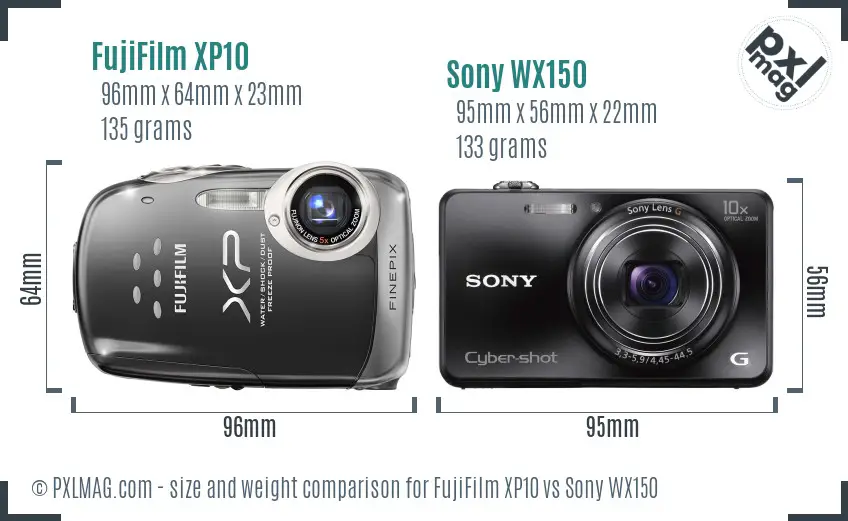 FujiFilm XP10 vs Sony WX150 size comparison