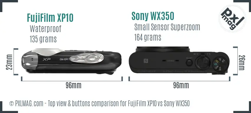 FujiFilm XP10 vs Sony WX350 top view buttons comparison FujiFilm XP10 vs Sony WX350 top view buttons comparison