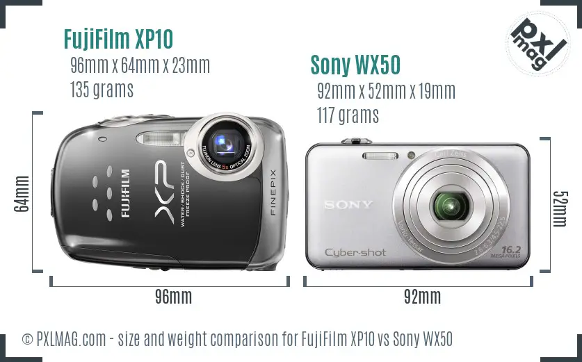 FujiFilm XP10 vs Sony WX50 size comparison