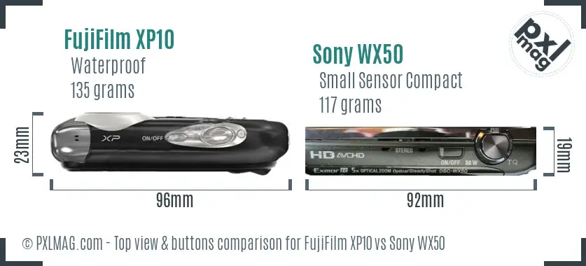 FujiFilm XP10 vs Sony WX50 top view buttons comparison