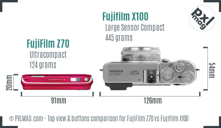 FujiFilm Z70 vs Fujifilm X100 top view buttons comparison