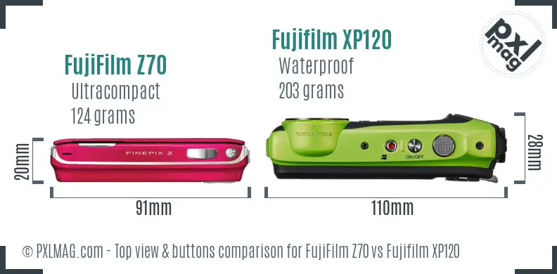 FujiFilm Z70 vs Fujifilm XP120 top view buttons comparison