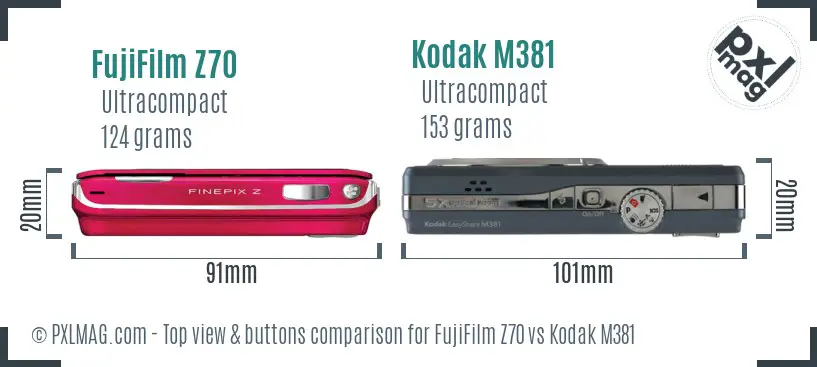 FujiFilm Z70 vs Kodak M381 top view buttons comparison