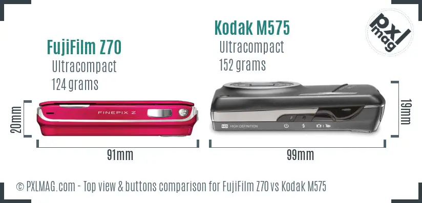 FujiFilm Z70 vs Kodak M575 top view buttons comparison