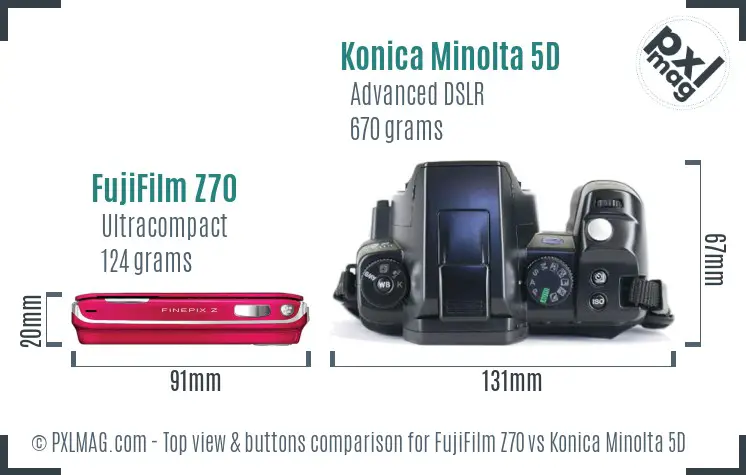 FujiFilm Z70 vs Konica Minolta 5D top view buttons comparison FujiFilm Z70 vs Konica Minolta 5D top view buttons comparison
