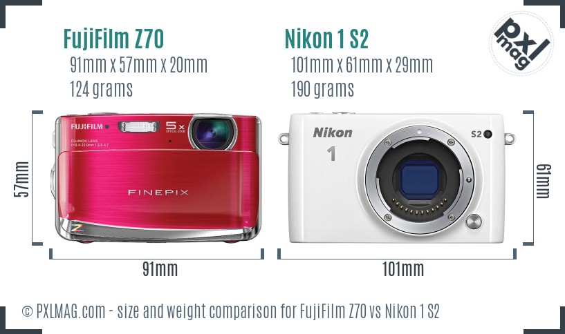 FujiFilm Z70 vs Nikon 1 S2 size comparison