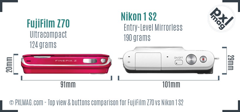 FujiFilm Z70 vs Nikon 1 S2 top view buttons comparison