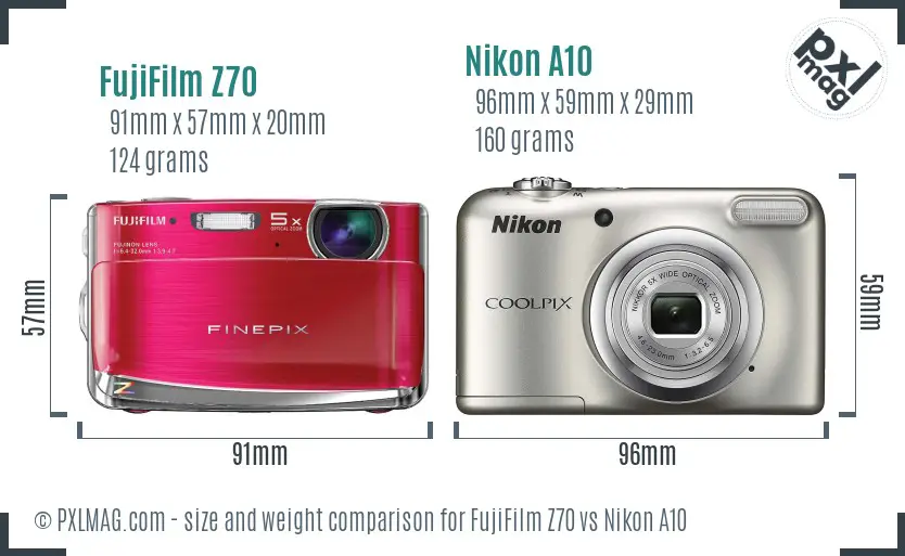 FujiFilm Z70 vs Nikon A10 size comparison