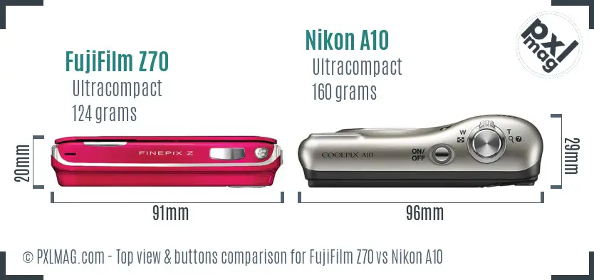 FujiFilm Z70 vs Nikon A10 top view buttons comparison