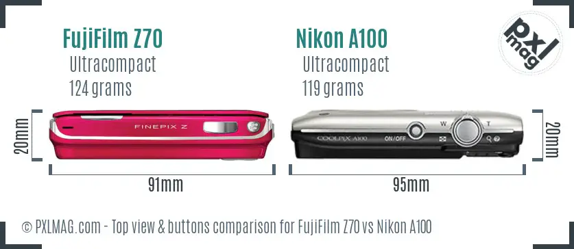 FujiFilm Z70 vs Nikon A100 top view buttons comparison FujiFilm Z70 vs Nikon A100 top view buttons comparison