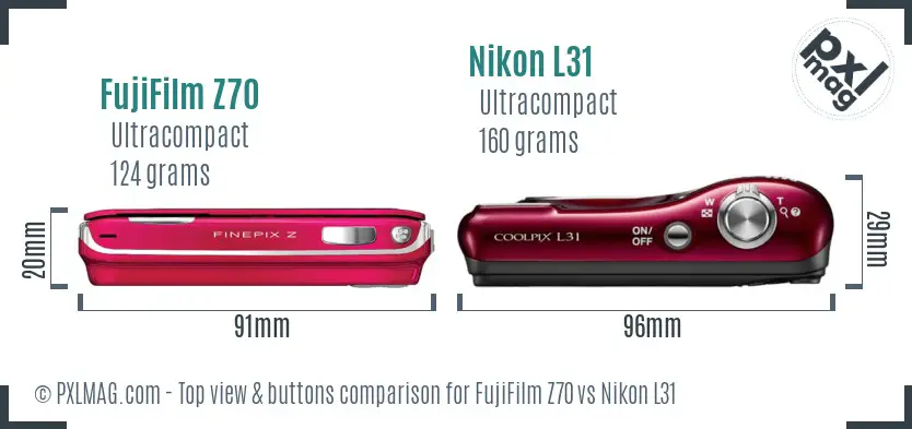 FujiFilm Z70 vs Nikon L31 top view buttons comparison