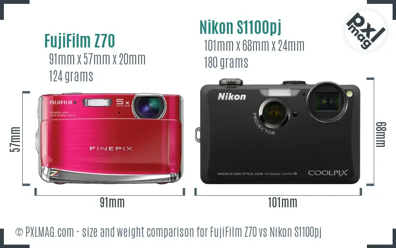 FujiFilm Z70 vs Nikon S1100pj size comparison