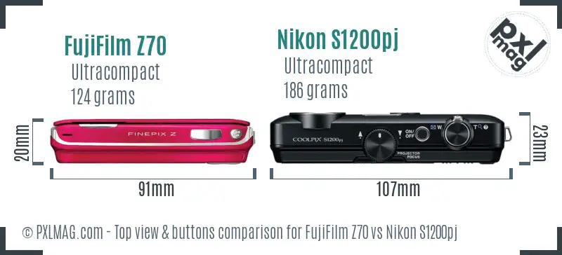 FujiFilm Z70 vs Nikon S1200pj top view buttons comparison