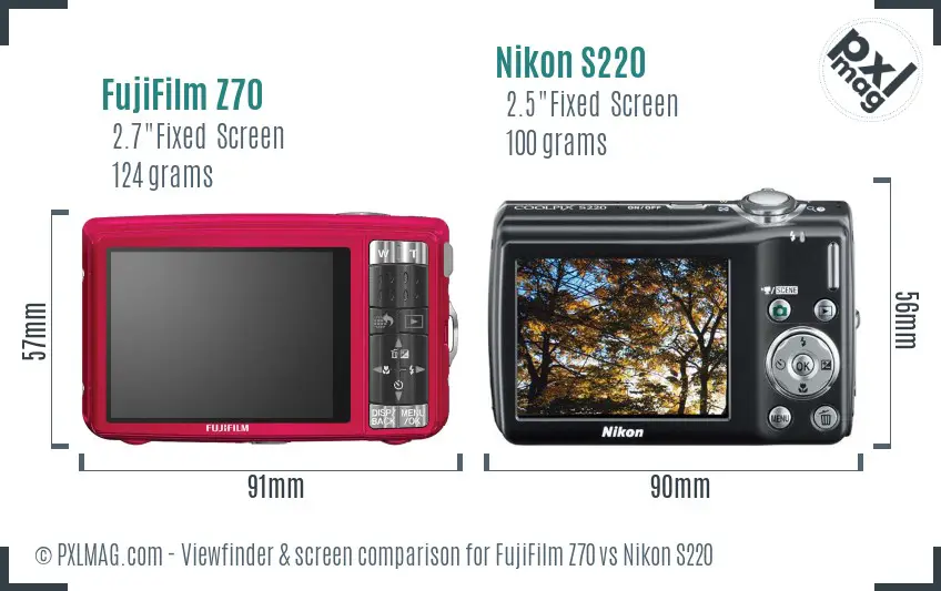 FujiFilm Z70 vs Nikon S220 Screen and Viewfinder comparison