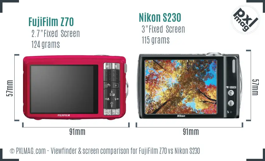 FujiFilm Z70 vs Nikon S230 Screen and Viewfinder comparison