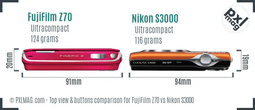 FujiFilm Z70 vs Nikon S3000 top view buttons comparison