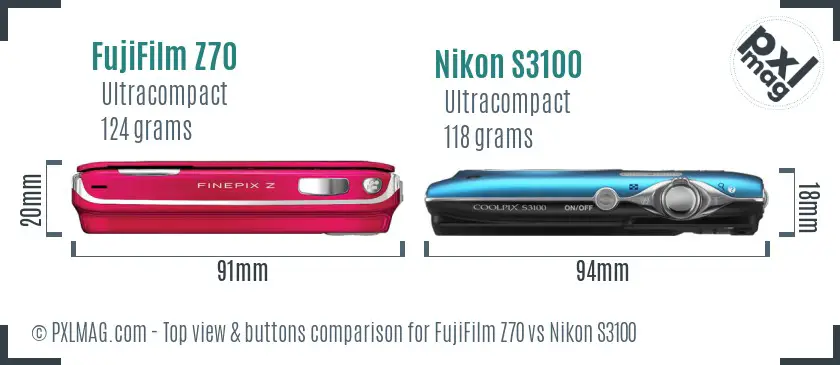 FujiFilm Z70 vs Nikon S3100 top view buttons comparison