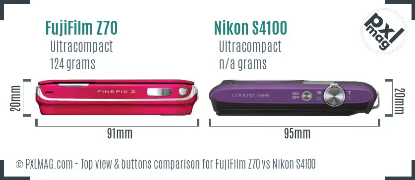 FujiFilm Z70 vs Nikon S4100 top view buttons comparison FujiFilm Z70 vs Nikon S4100 top view buttons comparison