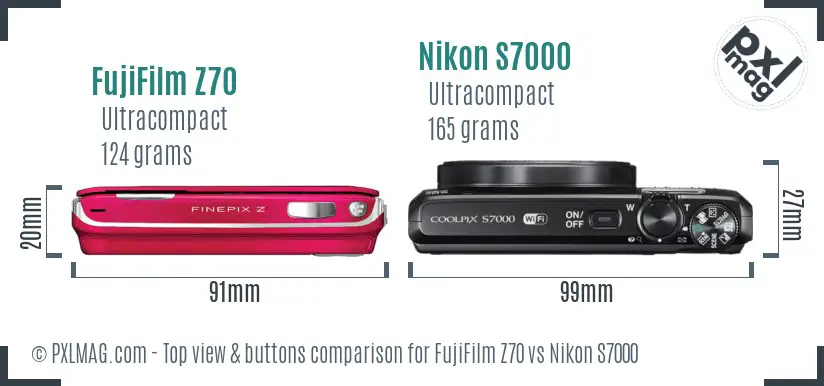 FujiFilm Z70 vs Nikon S7000 top view buttons comparison FujiFilm Z70 vs Nikon S7000 top view buttons comparison