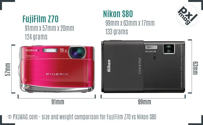 FujiFilm Z70 vs Nikon S80 size comparison