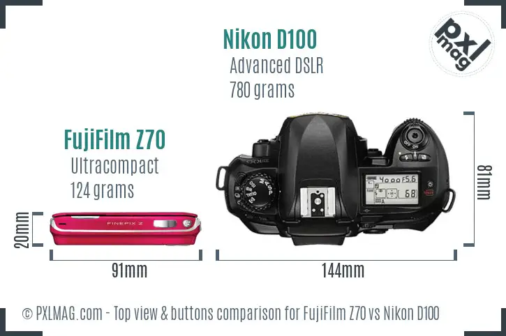 FujiFilm Z70 vs Nikon D100 top view buttons comparison