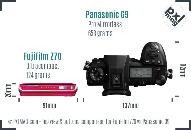 FujiFilm Z70 vs Panasonic G9 top view buttons comparison