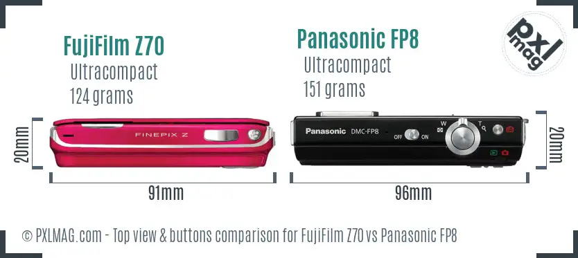 FujiFilm Z70 vs Panasonic FP8 top view buttons comparison FujiFilm Z70 vs Panasonic FP8 top view buttons comparison