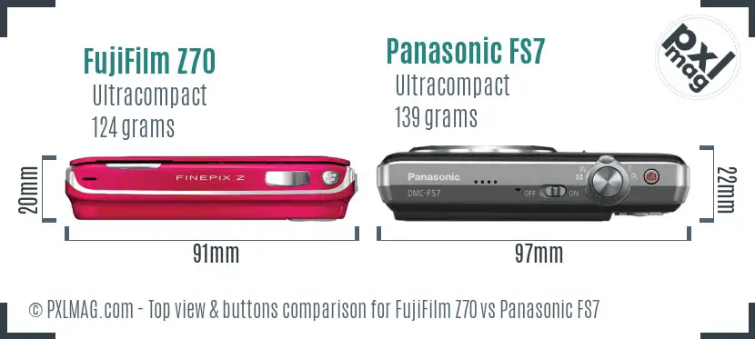 FujiFilm Z70 vs Panasonic FS7 top view buttons comparison