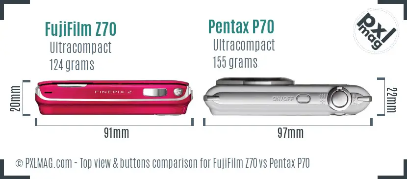 FujiFilm Z70 vs Pentax P70 top view buttons comparison FujiFilm Z70 vs Pentax P70 top view buttons comparison