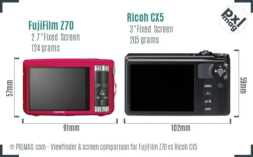 FujiFilm Z70 vs Ricoh CX5 Screen and Viewfinder comparison