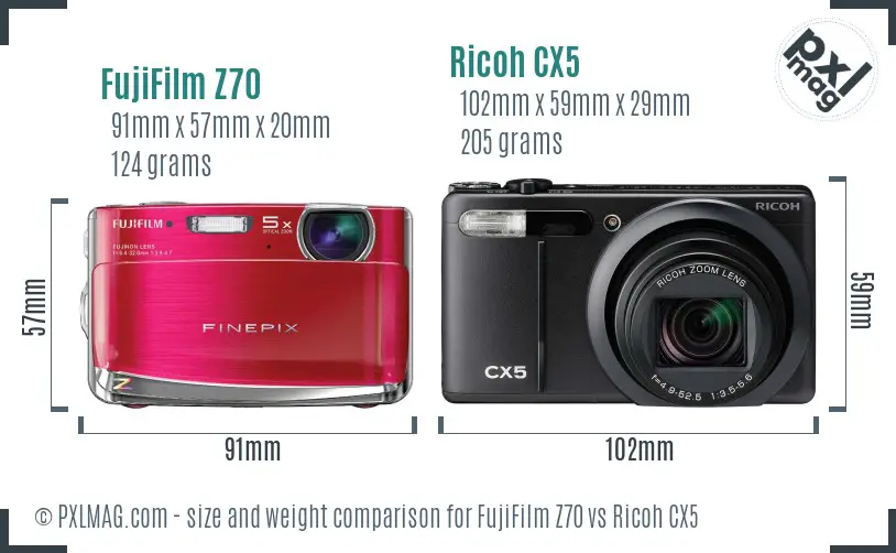 FujiFilm Z70 vs Ricoh CX5 size comparison