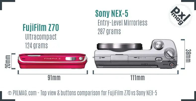 FujiFilm Z70 vs Sony NEX-5 top view buttons comparison