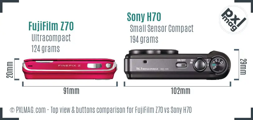 FujiFilm Z70 vs Sony H70 top view buttons comparison