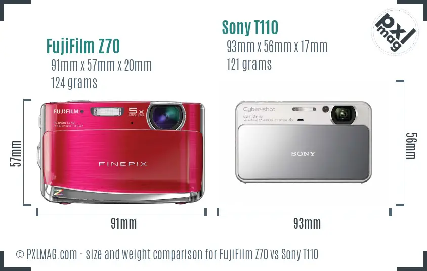 FujiFilm Z70 vs Sony T110 size comparison