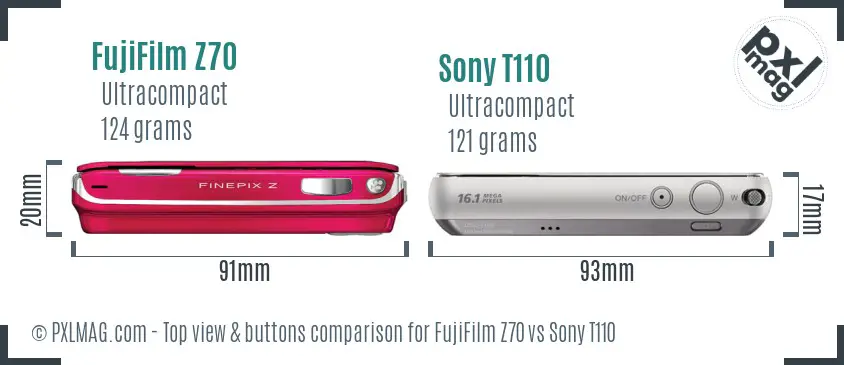 FujiFilm Z70 vs Sony T110 top view buttons comparison