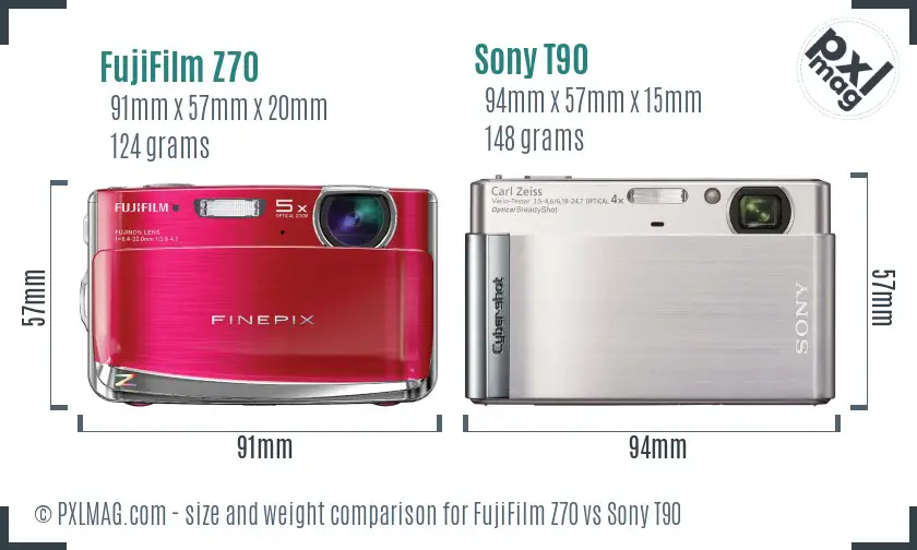 FujiFilm Z70 vs Sony T90 size comparison