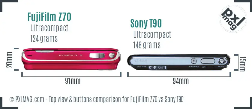 FujiFilm Z70 vs Sony T90 top view buttons comparison