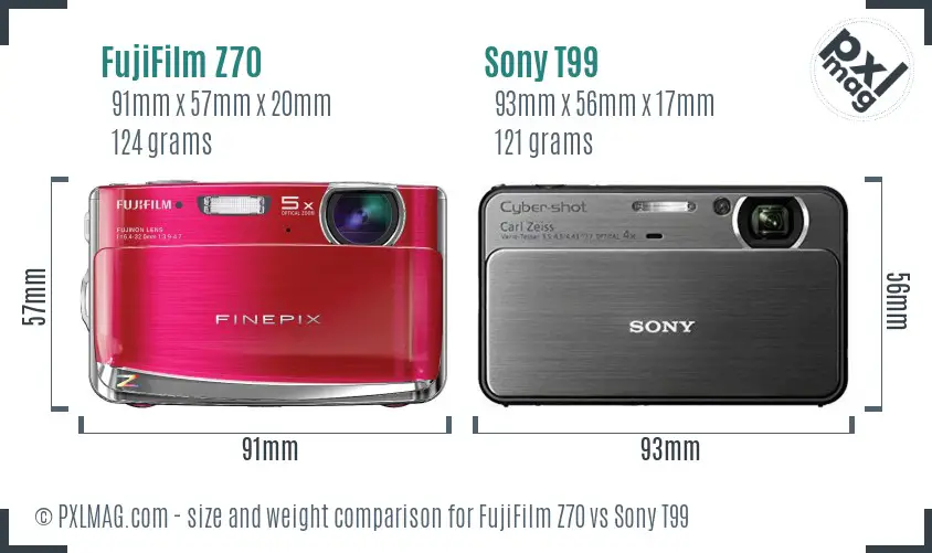 FujiFilm Z70 vs Sony T99 size comparison
