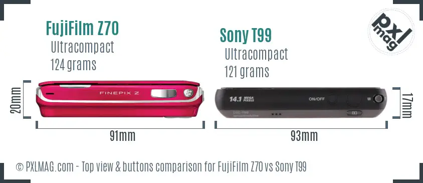 FujiFilm Z70 vs Sony T99 top view buttons comparison