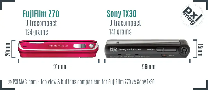 FujiFilm Z70 vs Sony TX30 top view buttons comparison