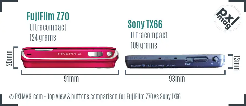 FujiFilm Z70 vs Sony TX66 top view buttons comparison