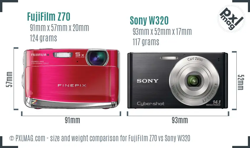 FujiFilm Z70 vs Sony W320 size comparison