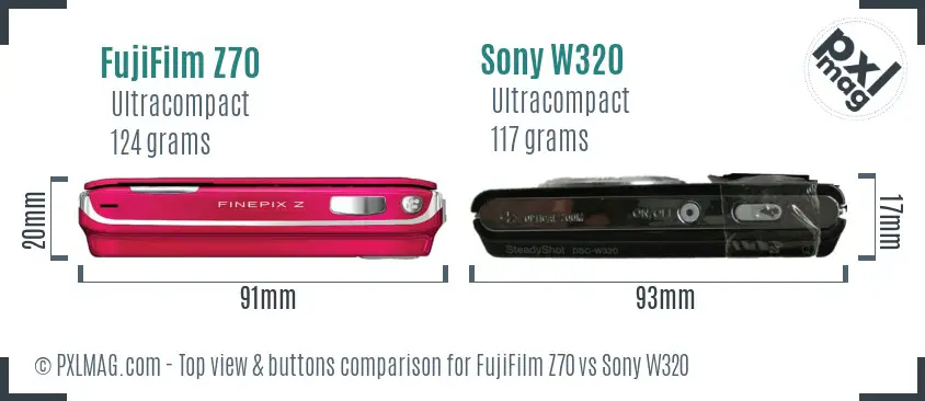 FujiFilm Z70 vs Sony W320 top view buttons comparison