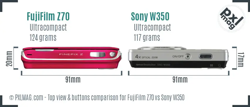 FujiFilm Z70 vs Sony W350 top view buttons comparison FujiFilm Z70 vs Sony W350 top view buttons comparison