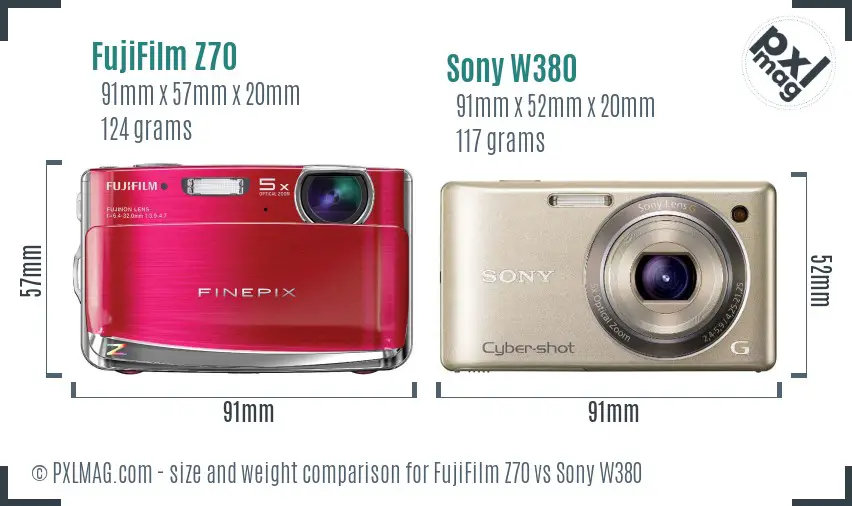 FujiFilm Z70 vs Sony W380 size comparison