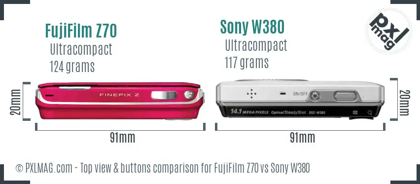 FujiFilm Z70 vs Sony W380 top view buttons comparison