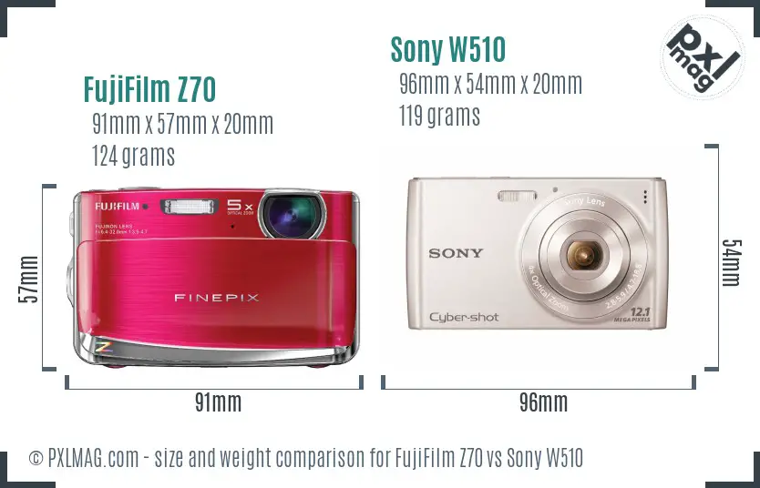 FujiFilm Z70 vs Sony W510 size comparison