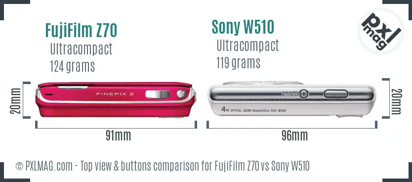 FujiFilm Z70 vs Sony W510 top view buttons comparison