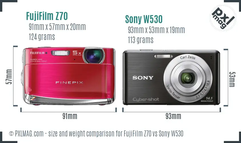 FujiFilm Z70 vs Sony W530 size comparison