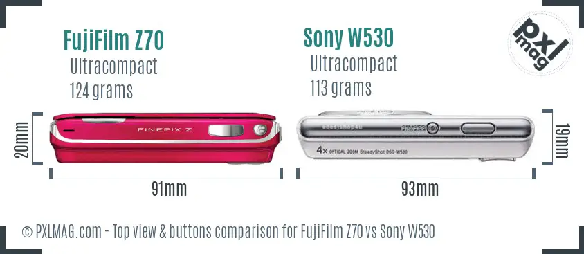 FujiFilm Z70 vs Sony W530 top view buttons comparison